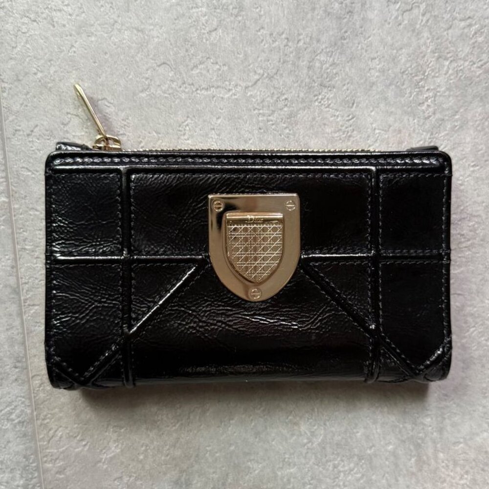 Christian Dior Ama Patent Leather Fold Wallet Card Case Coin Case Compact Wallet - Picture 2 of 9